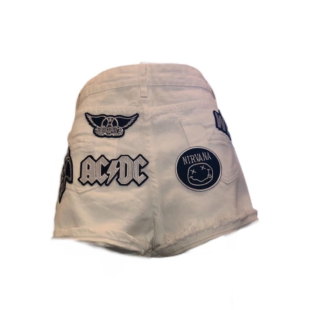 White Denim Shorts W/ Black & White Rock Patches - Picture 5 of 8